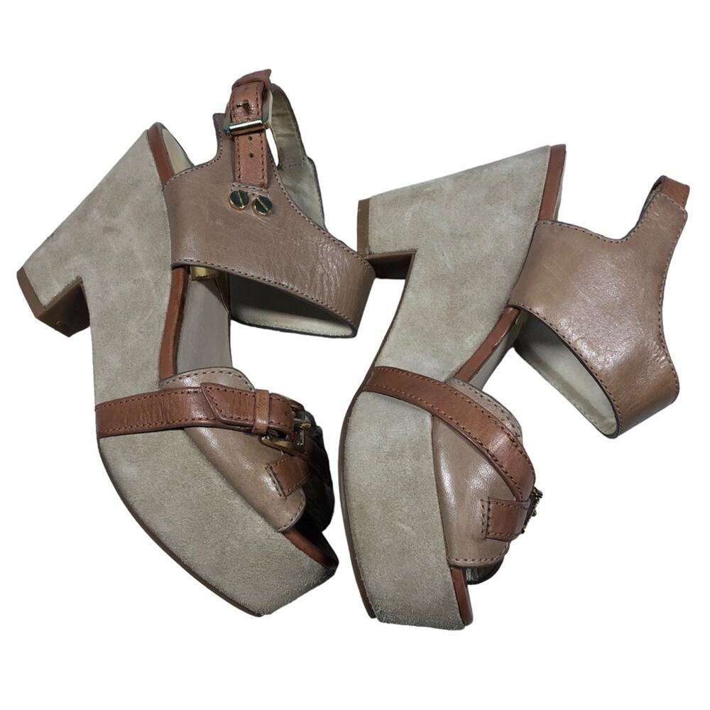 Michael Kors Sandals Women 5.5 MK Tan Suede Leather Strappy Chunky Platform Heel - Picture 3 of 7